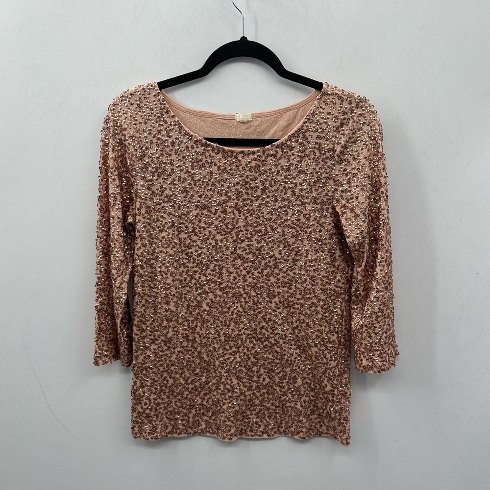 J CREW gold sequin 3/4 sleeve round neck sparkle coastal grandma evening tunic S